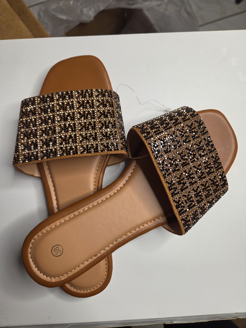 Sparkling Tan Beaded Slide Sandals for Women